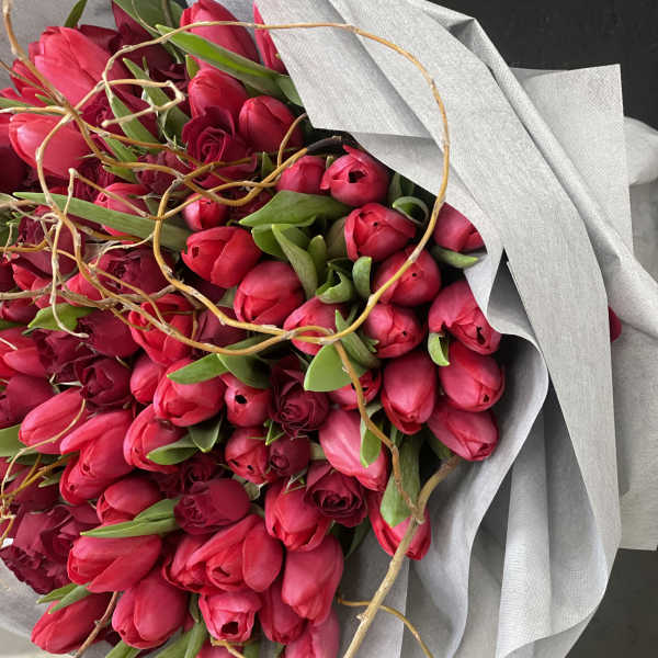 Bouquet of bright pink tulips wrapped in silver paper