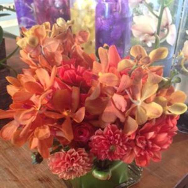 Orange and pink floral arrangement in a square glass vase