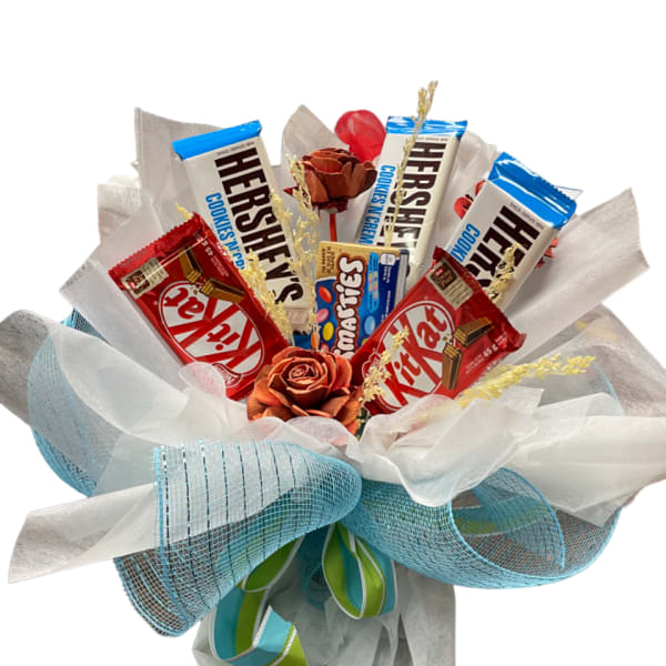 Candy bouquet with Hershey's, KitKat, and Smarties wrapped in blue and white mesh