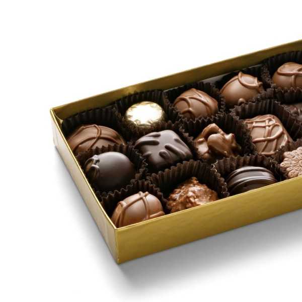 Box of assorted chocolates in a gold tray
