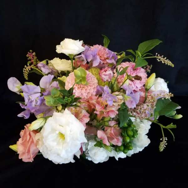 Pastel bouquet with white, pink, and lavender flowers