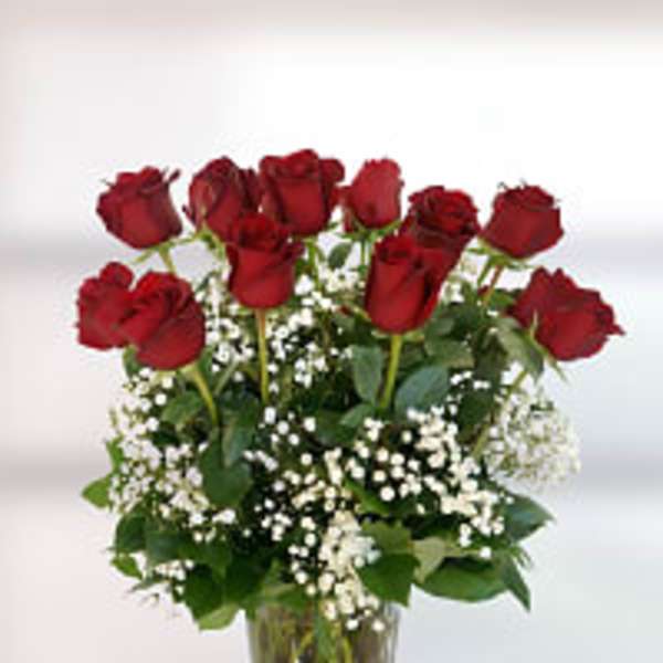 Red roses arranged in a clear glass vase with white filler flowers.