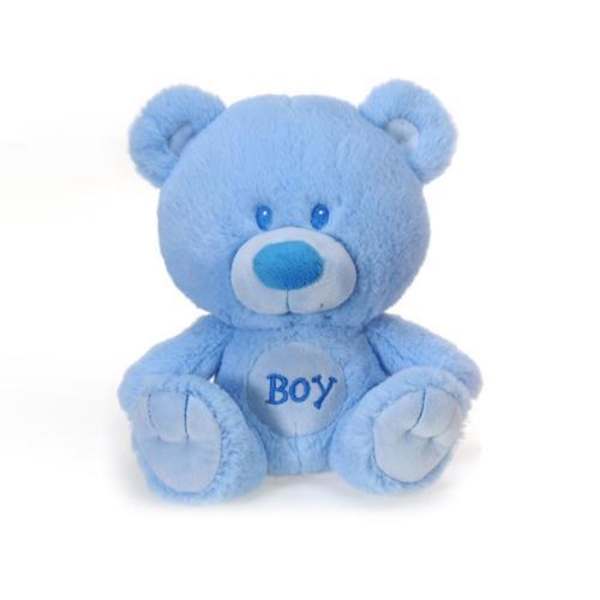 Blue teddy bear plush with "Boy" on its chest