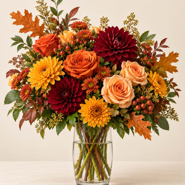 Autumn bouquet of roses and chrysanthemums in a clear glass vase