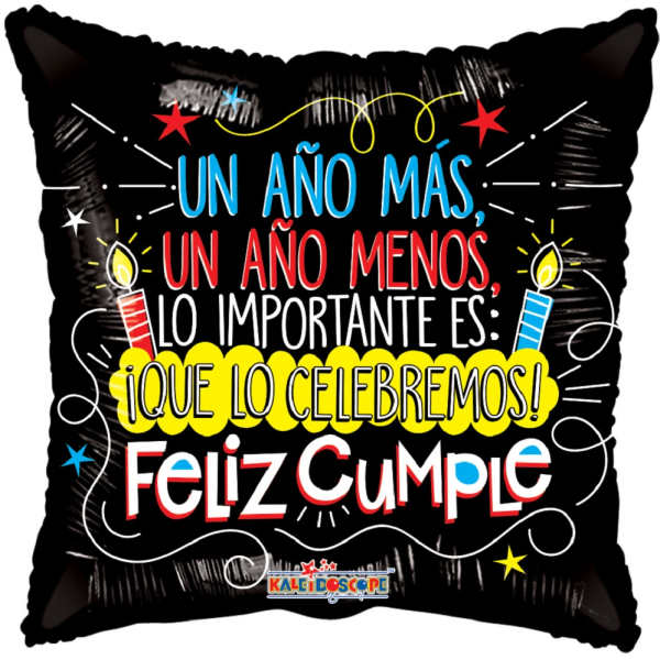 Black square balloon with colorful Spanish birthday text and candle graphics