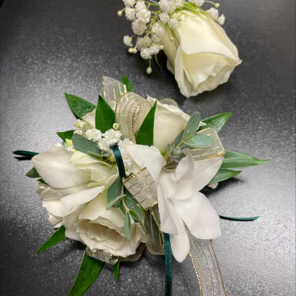 White Corsage and Boutionniere