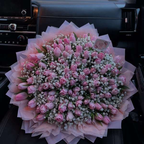 Large bouquet of pink tulips and baby's breath wrapped in pale pink paper