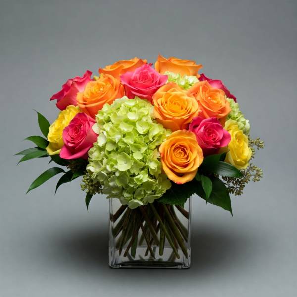 Bouquet of orange, pink, and yellow roses in a clear glass vase