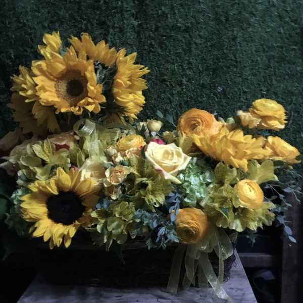 Yellow sunflowers and mixed blooms in a low basket arrangement