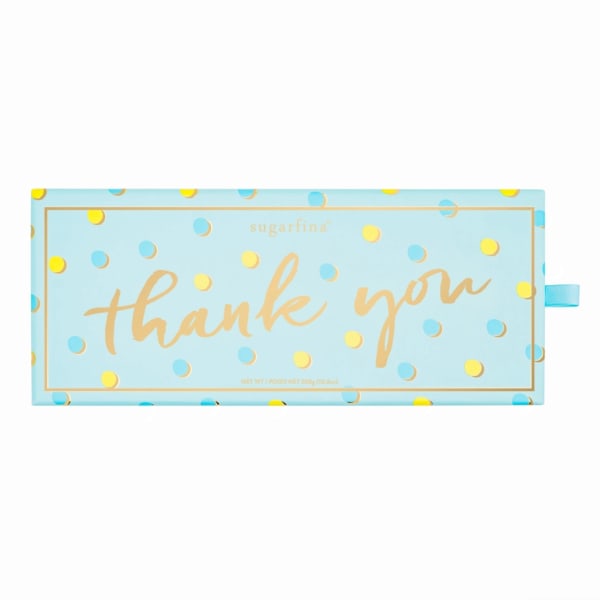 Blue thank-you gift box with yellow and blue polka dots