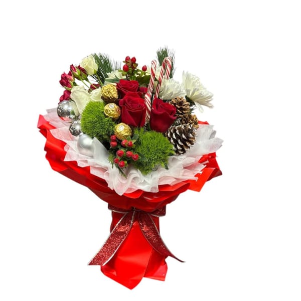 Holiday bouquet with red roses, white blooms, and candy canes