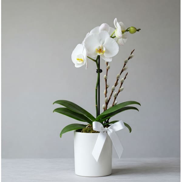 White orchid plant in a white pot with a ribbon bow
