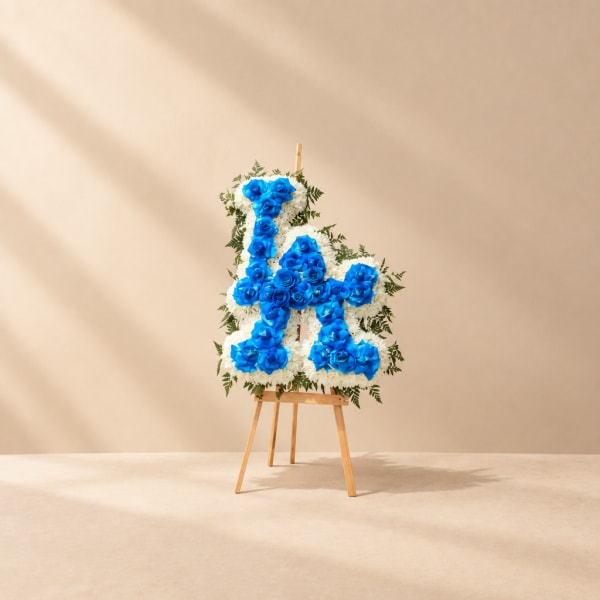 Blue and white floral standing tribute on a wooden easel