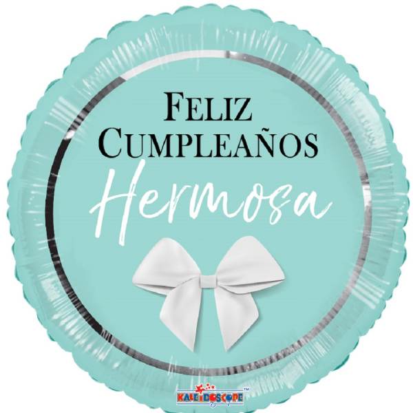Round turquoise birthday balloon with a white bow graphic