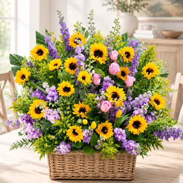 Basket arrangement of sunflowers, pink roses, and purple flowers
