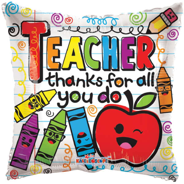 Teacher appreciation balloon with colorful school-themed graphics and text