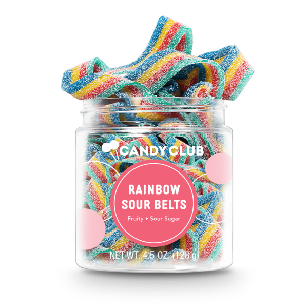 Clear jar filled with colorful rainbow sour belt candies with a pink round label on the front