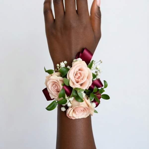 Peach rose wrist corsage with burgundy ribbon on a wrist
