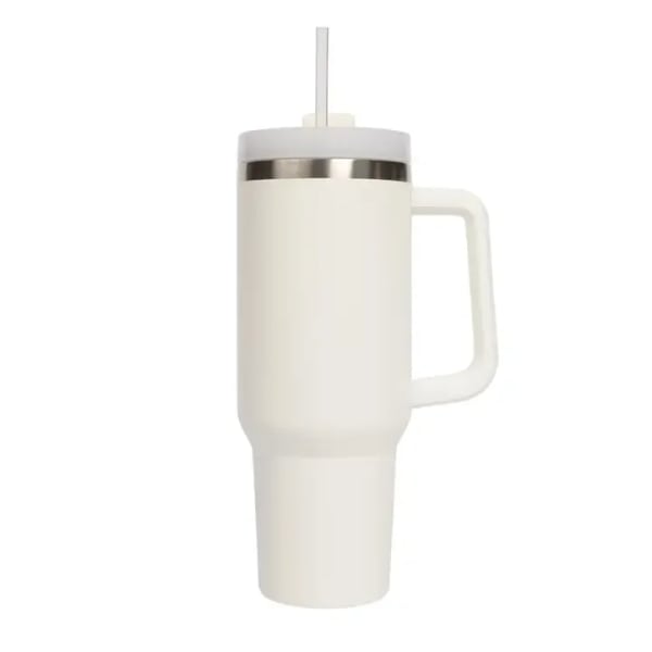 White insulated tumbler with handle and straw lid