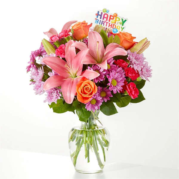 One And Only Bouquet with Happy Birthday Topper – Roses, Lilies, Daisies & Carnations Birthday Flower Bouquet