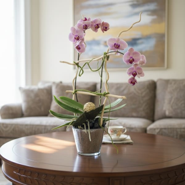 Potted pink orchids arranged on a decorative tabletop display