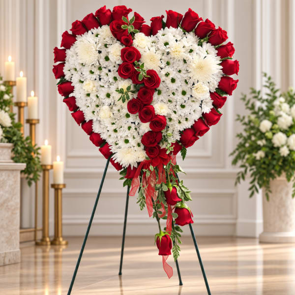 Heart-shaped red rose and white chrysanthemum standing spray on a tripod easel