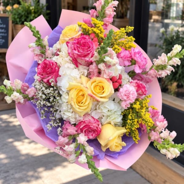 Bouquet of pink and yellow roses with white blooms in pastel wrapping