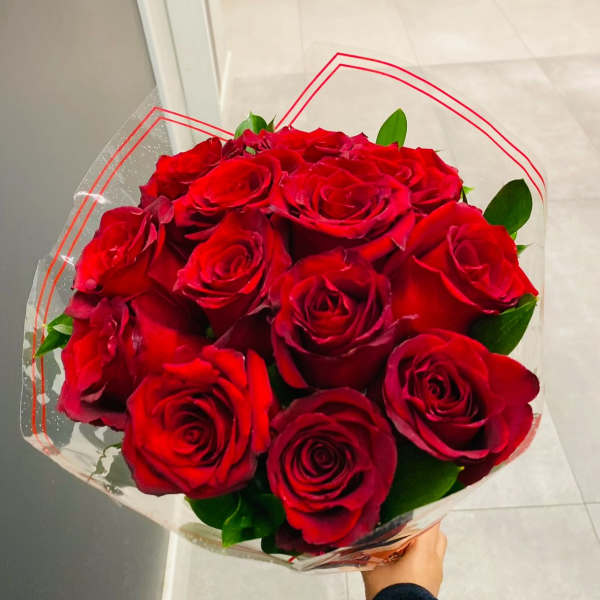 Bouquet of red roses wrapped in clear plastic