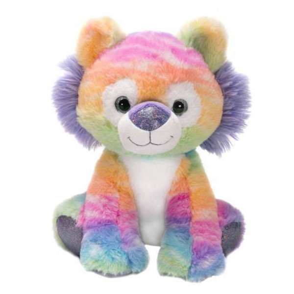 Rainbow plush lion with a smiling face