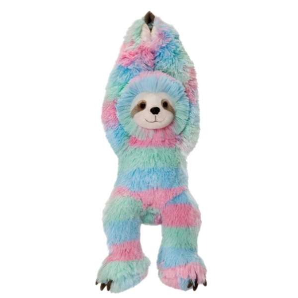Pastel rainbow plush sloth toy hanging with arms raised