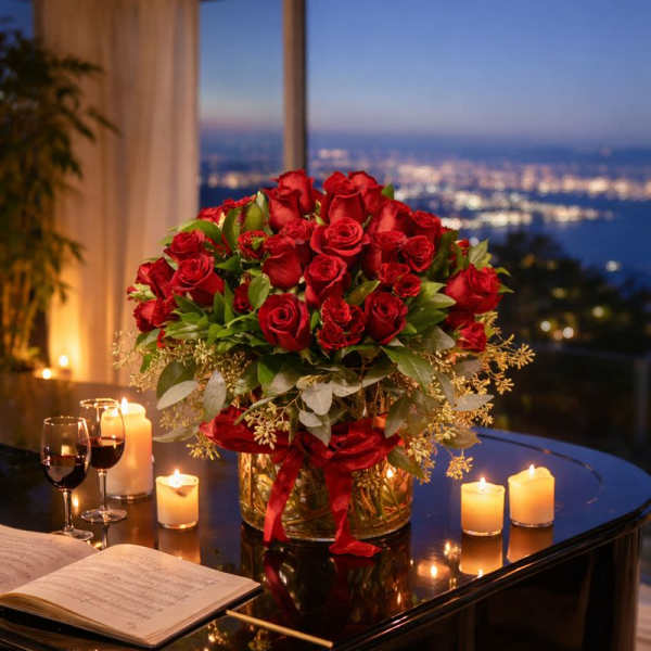 Red rose arrangement in a glass vase with candles on a piano