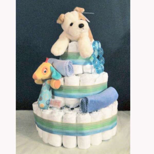 Diaper cake with plush dog and colorful baby items