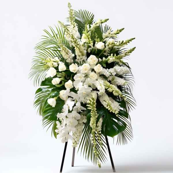 White floral standing spray with roses and orchids on a tripod easel