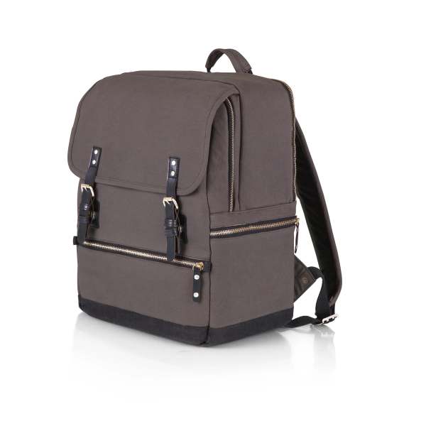 Brown backpack with front buckles and zipper pockets