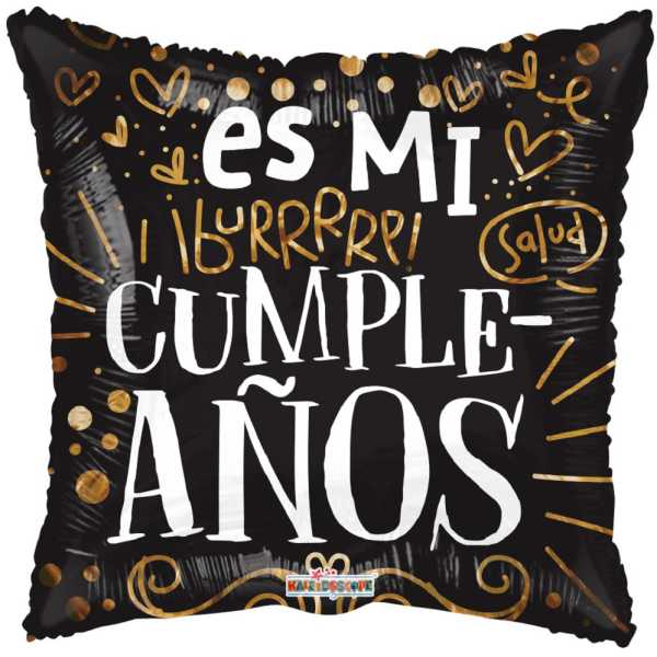 Black square balloon with gold accents and Spanish birthday text
