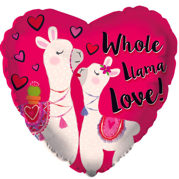 Heart-shaped pink balloon with two llamas and the words "Whole Llama Love!"