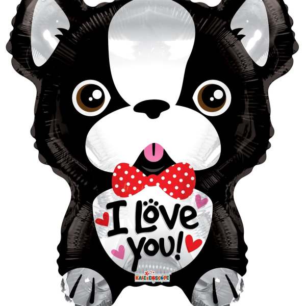 Black and white dog-shaped balloon with "I Love You!" text
