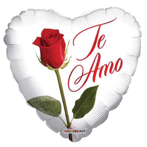 Heart-shaped balloon with a red rose and the words "Te Amo"