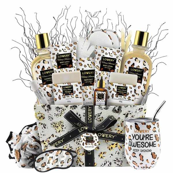 Leopard print spa gift basket with bath products, tumbler, eye mask, and accessories