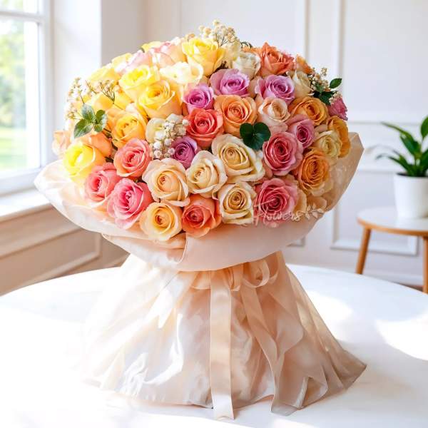 Large bouquet of multicolored roses wrapped in peach paper