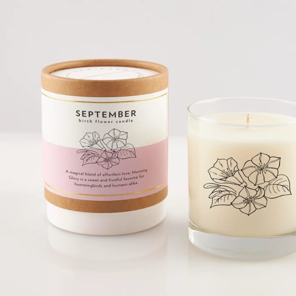Two September birth flower candles, one in a box and one in a glass jar