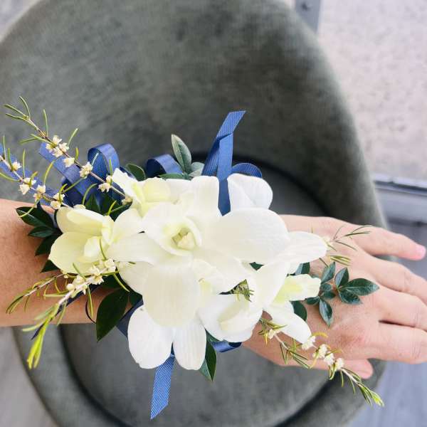 White orchid wrist corsage with blue ribbon accents