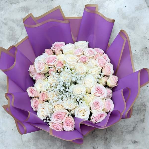 Bouquet of pink and white roses wrapped in purple paper
