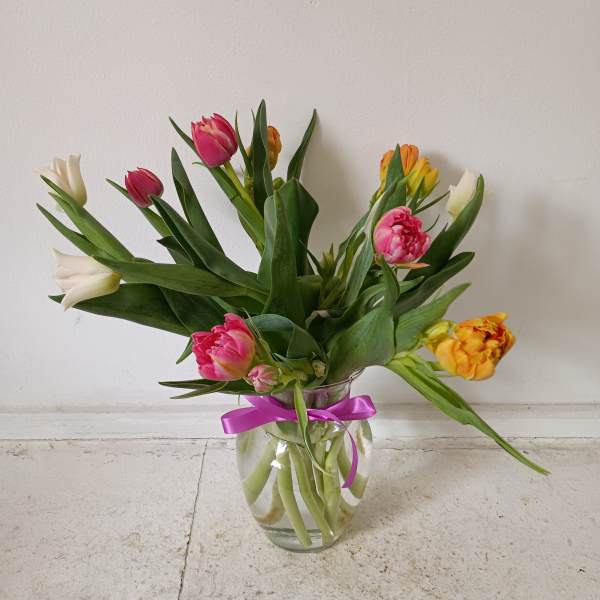 Tulips in pink, white, and orange arranged in a glass vase with a purple ribbon.