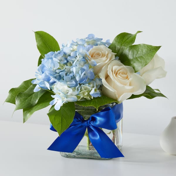 Blue hydrangea and cream roses in a glass vase with a blue ribbon