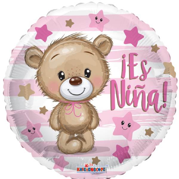 Round pink and white balloon with a teddy bear and "it's Niña!" text