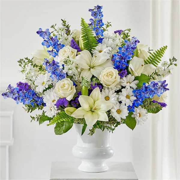 Expressions Of Hope Urn Arrangement – Blue & White Roses, Delphinium & Lilies, Funeral Sympathy Flowers