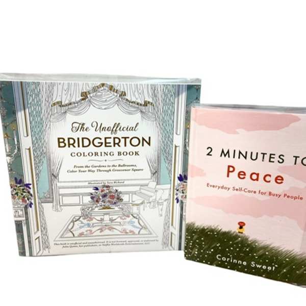 Two paperback books, one Bridgerton coloring book and one self-care book