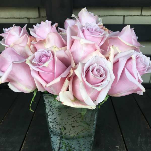 Pink roses arranged in a tall square glass vase