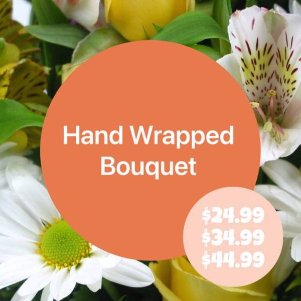 Hand wrapped bouquet with white daisies and spotted alstroemeria